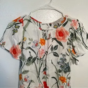 Loft Women's Size‎ Small Floral Button Back Blouse White Flutter Sleeve Flowy thumbnail 5