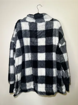LuLaRoe Nancy Black and White Buffalo Check Fuzzy Half Zip Sweater thumbnail 3