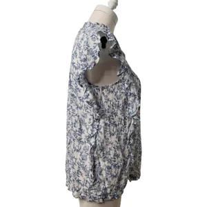 Beachlunchlounge‎ White Blue Floral Ruffle Neck Cotton Sleeveless Blouse Small thumbnail 6