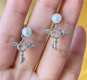 Handmade pearl & angel heart key simple Kawaii y2k fairy dangle earrings thumbnail 1
