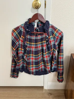 Free People Plaid Ruffle Square-Neck Top in Navy Red Yellow thumbnail 3