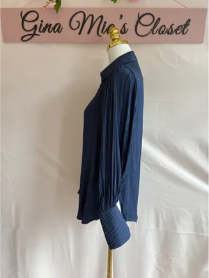 Free People Women's Navy Blue Striped Button-Up Long Sleeve Shirt Size Small thumbnail 3
