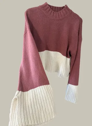 Derek Heart Womens Colorblock Mock Neck Bell Sleeve Cropped Knit Sweater Large thumbnail 1