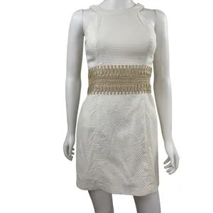 Lilly Pulitzer‎ White Textured Neck Halter Dress Gold Embellished Waist Size 00 thumbnail 4