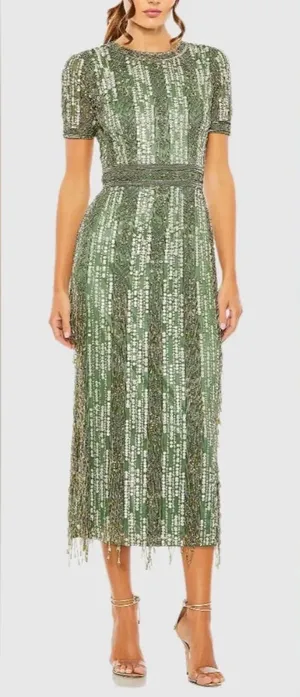 NEW MAC DUGGAL High Neck Short Sleeve Crystal Fringe Column Sage green Dress 10 thumbnail 1