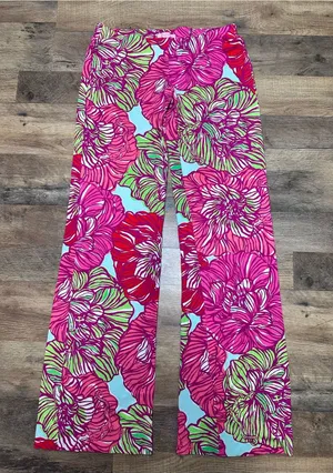 Lilly Pulitzer Pink Floral Wide-Leg Pants with Lime & Red Accents thumbnail 1