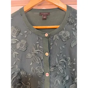Ann Taylor Factory Teal Green Floral Embroidered Mesh Cardigan Sweater Large thumbnail 8