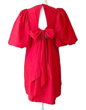 & Other Stories Bow Back Swing Dress 6 Mini Cutout Puff Sleeve Red Holiday NWT thumbnail 1