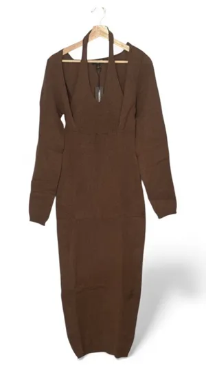 PrettyLittleThing Brown Long Sleeved Knit Dress/a Halter Style Keyhole Neck Xl thumbnail 1