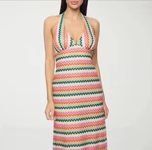 PREMIER AMOUR Crochet Midi Dress Womens Halter Stripe Slit Stretch Retro NWT thumbnail 3