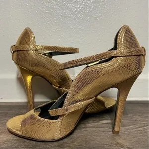 Rebecca Minkoff Penny Heels Mary Janes Scalloped Croc Embossed Gold 6.5 thumbnail 2
