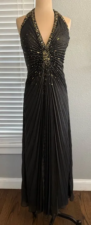 Sue‎ Wong Nocturne Halter Pleated Beaded Gown Size 8 Travilla Style Black & Gold thumbnail 1