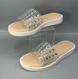 Antonio Melani Slide Sandals Womens 5 Tan Clear Rhinestones Flat Heel Slip On thumbnail 1