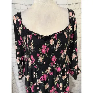 Torrid Black Floral Challis Smocked Long Sleeve Dress Plus Size 2 2X thumbnail 3