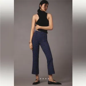 Anthropologie Maeve Margot Kick Crop Pants in Maroon & Blue Houndstooth thumbnail 2