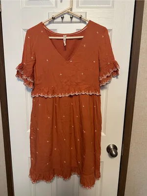 Anthropologie Coral Orange V‑Neck Midi Dress with Eyelet Trim thumbnail 2
