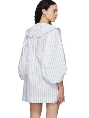 Ganni Blue White Stripe Balloon Sleeve Mini Dress Peter Pan Collar EU 38 US 6 thumbnail 3