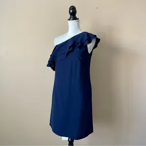 SHOSHANNA | Navy Blue One-Shoulder Ruffle Cocktail Dress Sz 4 thumbnail 5