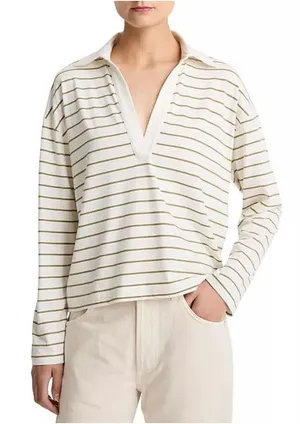 Vince Easy Polo Striped Cotton Long Sleeve Women’s Top Olive Stone thumbnail 1