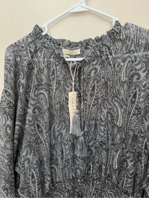 Lovestitch Paisley Boho Peasant Mini Dress Women’s Large Blue Gray Tassel NWT thumbnail 3