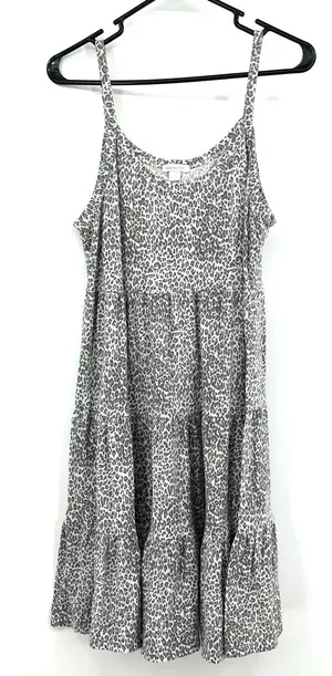 Garnet Hill size small sleeveless tiered dress white gray leopard print cotton‎ thumbnail 1
