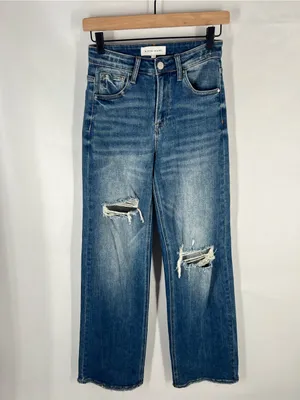 Risen Jeans High Rise Ripped Wide Leg Jeans Distressed Raw Hem Size 1/25 thumbnail 2
