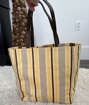 Restoration hardwareStriped Canvas Tote Bag Large Yellow Brown Snap Closure‎ thumbnail 1