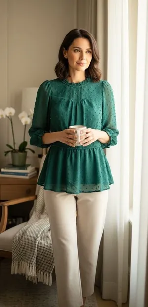 Monteau Los Angeles‎ Swiss Dot Peplum Top Green Ruffle Neck Long Sleeve Small thumbnail 1