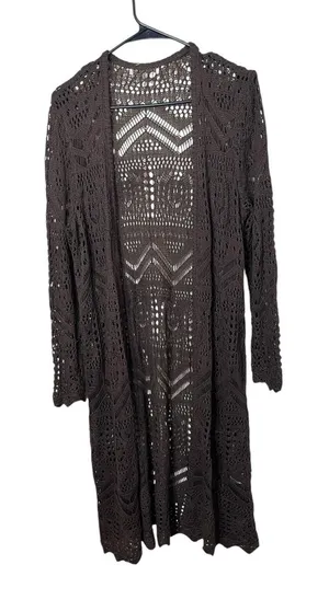 Brown Crochet Knit Long Sleeves Open Front Long Cardigan Womens Size‎ L thumbnail 1