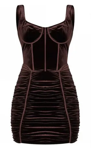 PrettyLittleThing Chocolate Brown Velvet Ruched Corset Mini Party Dress 12 thumbnail 1