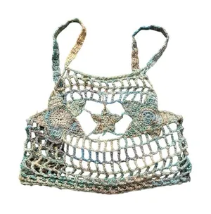 Handmade Crochet Knit Star Pattern Crop Tank Top Swim Cover Multicolor Blue Yellow thumbnail 1