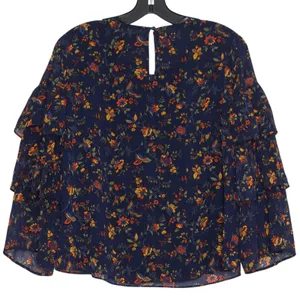 Madewell Ruffle Dark Floral Navy Blue Top Boho Cottagecore Romantic Feminine M thumbnail 2