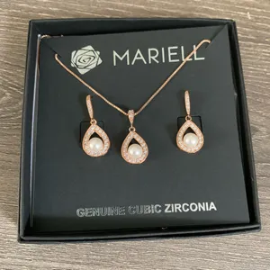 Mariell Rose Gold Pearl Necklace Drop Earrings Wedding Set Brides Bridesmaids thumbnail 10