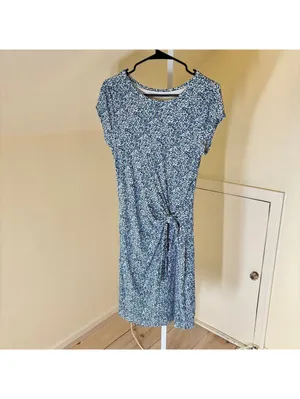 Loft EUC Women's Blue Floral Jersey Knit Faux Wrap Dress Short Sleeve S thumbnail 4