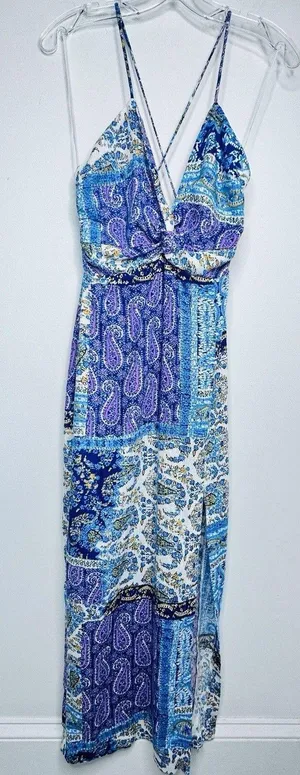 ZARA WOMAN PATCHWORK PRINT LINEN MAXI DRESS Twist Cross-BACK Size S High Slit thumbnail 1