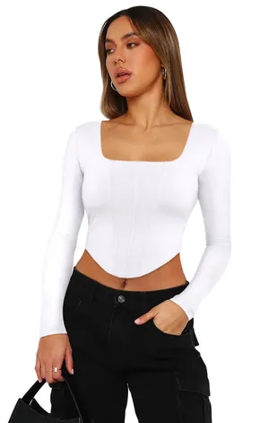 NWOT ReoRia White Corset Crop Top Small Square Neck Long Sleeve Sculpting Y2K thumbnail 1