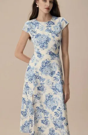 RIHOAS The Blue Round Neck Cap Sleeve Floral Midi Dress thumbnail 3