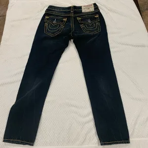 True Religion Women's Dark Blue Skinny Jeans with Yellow Contrast Stitching thumbnail 2