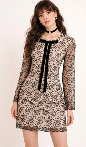 Betsey Johnson NWT Floral Lace Mesh Bow Mini Dress Nude Black Size 6 thumbnail 1