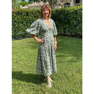 MARYSIA Green White Floral Printed 100% Cotton Drop Waist Imperialis Dress M thumbnail 13