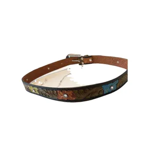 Nocona Womens Floral Tooled Leather Belt Rhinestone Hibiscus Western Brown Large thumbnail 2