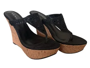 VENUS Black Rhinestone Embellished Cork Platform Wedge Thong Sandals New Size 7 thumbnail 1