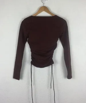 ZARA Brown Square Neck Ruched Stretch Jersey Top With Side Gathering Large thumbnail 13