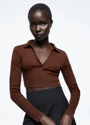 ZARA Brown Ribbed‎ Collared Long Sleeve Crop Top Shirt Women Size S thumbnail 1