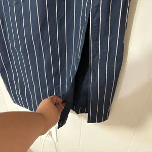 By Anthropologie Pinstripe Midi Dress Size M Navy Square Neck Side Slit thumbnail 7