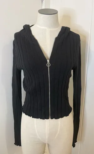Lottie Moss Cropped Black Ribbed Zip-Up Hooded Cardigan Sz S thumbnail 1