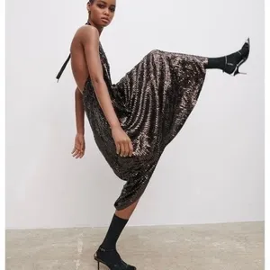 ZARA Chocolate Brown Sequin Halter Maxi Dress‎ Festive Party Sequinned Small thumbnail 5