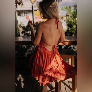 Halter Babydoll Mini Dress Boho Mesh Swiss Dot Hem Small Red Orange thumbnail 4