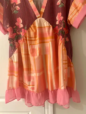 Floral Print Short Sleeve V-Neck Ruffled Hem Loose Mini Dress with Pockets M thumbnail 3