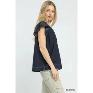 Umgee Cap Sleeve Denim Top - Dk. Denim - Small thumbnail 2